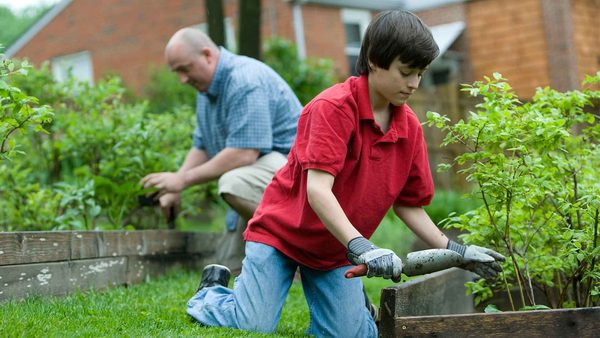 Gardeners digging and planting in a raised vegetable bed