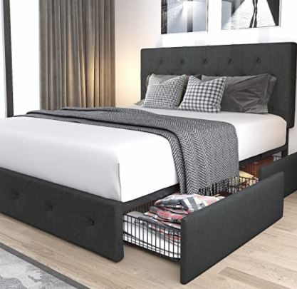 types of bed frames: Queen Platform Bed Frame with 4 Drawers Storage